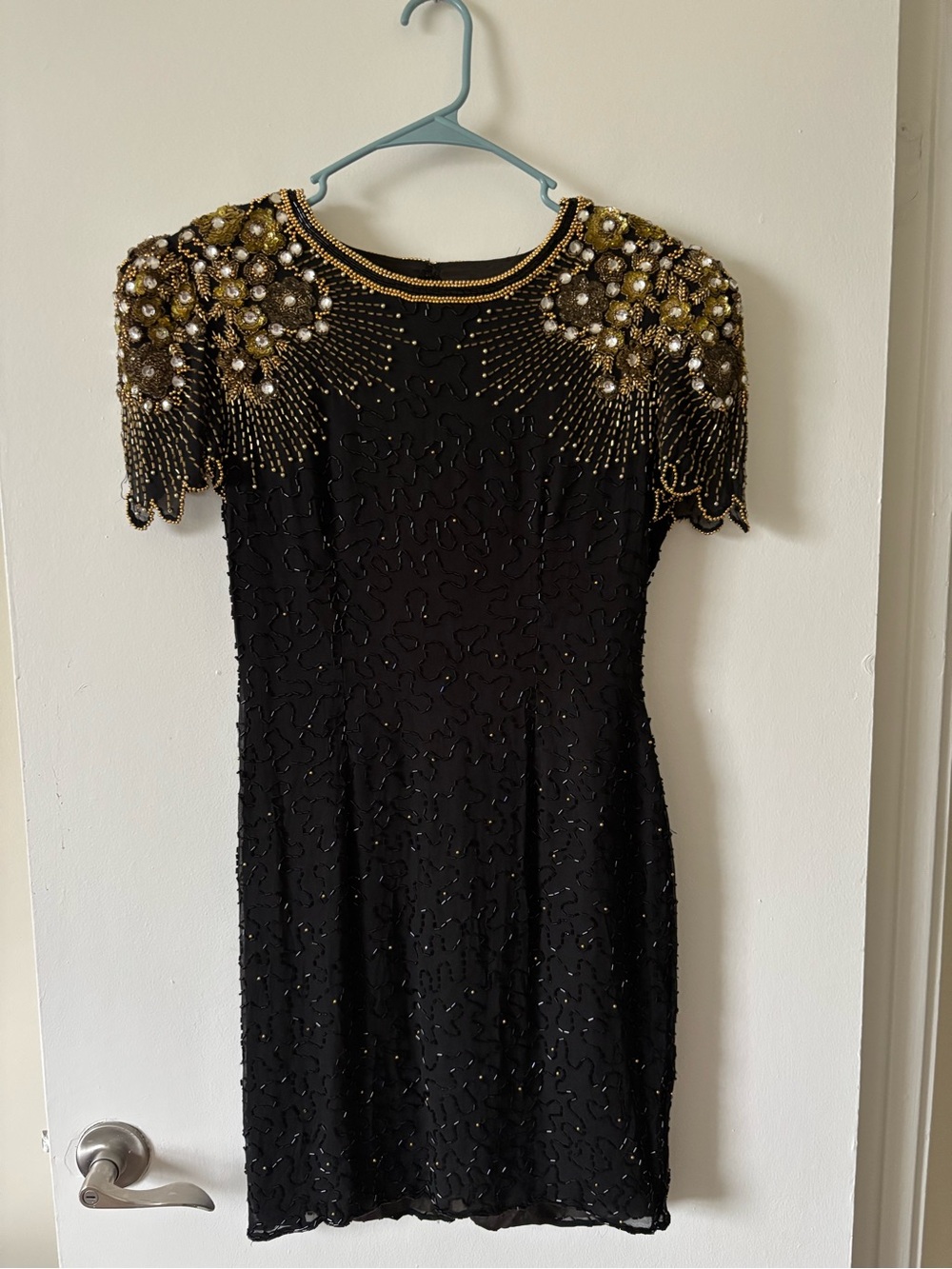 Lillie Rubin Black Mini Dress with Gold Beaded Shoulder Appliqué